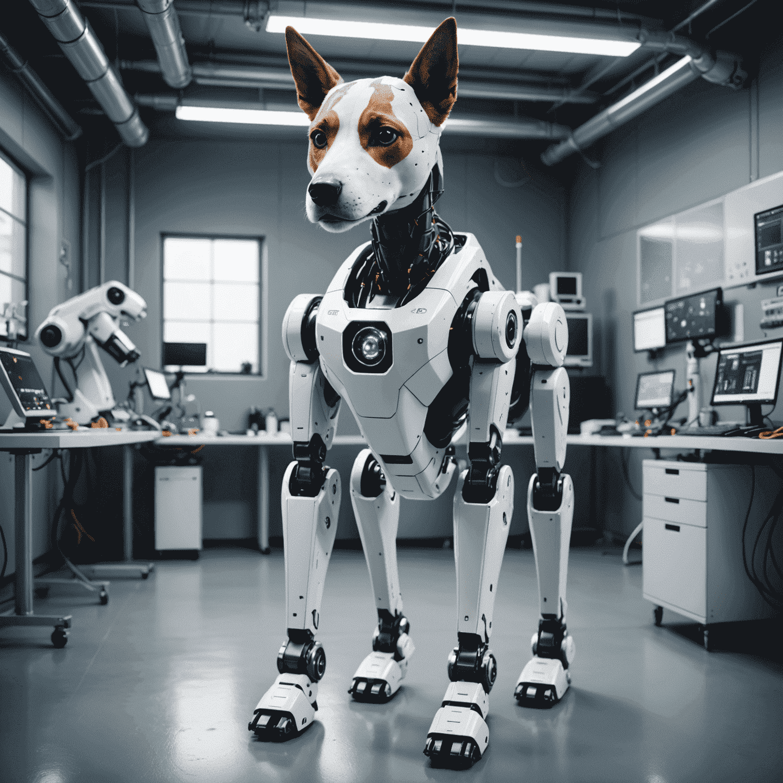 A sleek and advanced Unitree robot dog standing in a modern laboratory setting, surrounded by engineers and cutting-edge technology