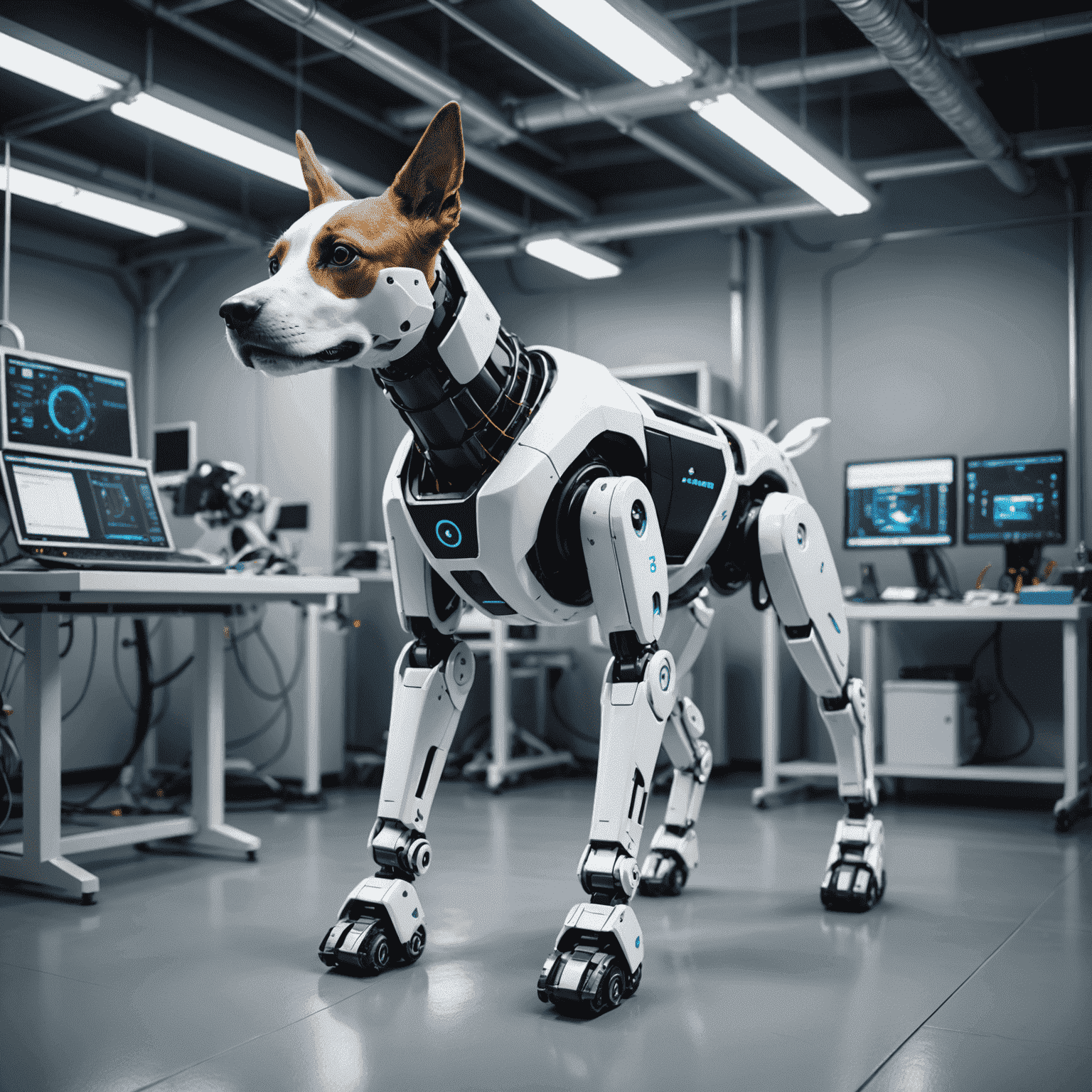 Unitree robot dog in a high-tech laboratory environment, showcasing its agility and advanced features. The sleek, quadruped robot is navigating through a complex obstacle course, demonstrating its ability to adapt to various terrains and challenges.