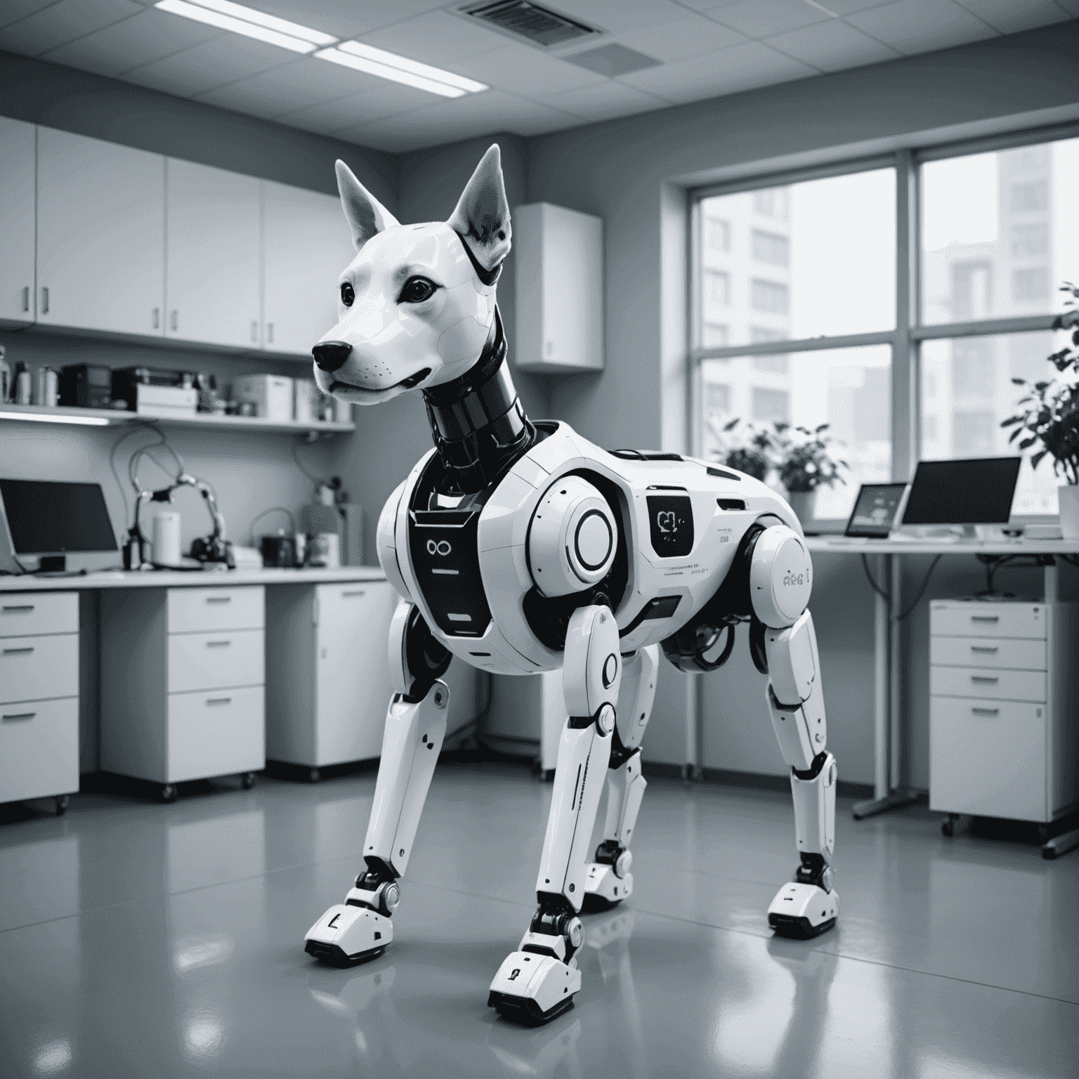 Unitree Go1 robot dog standing in a modern laboratory environment, showcasing its sleek design and advanced sensors