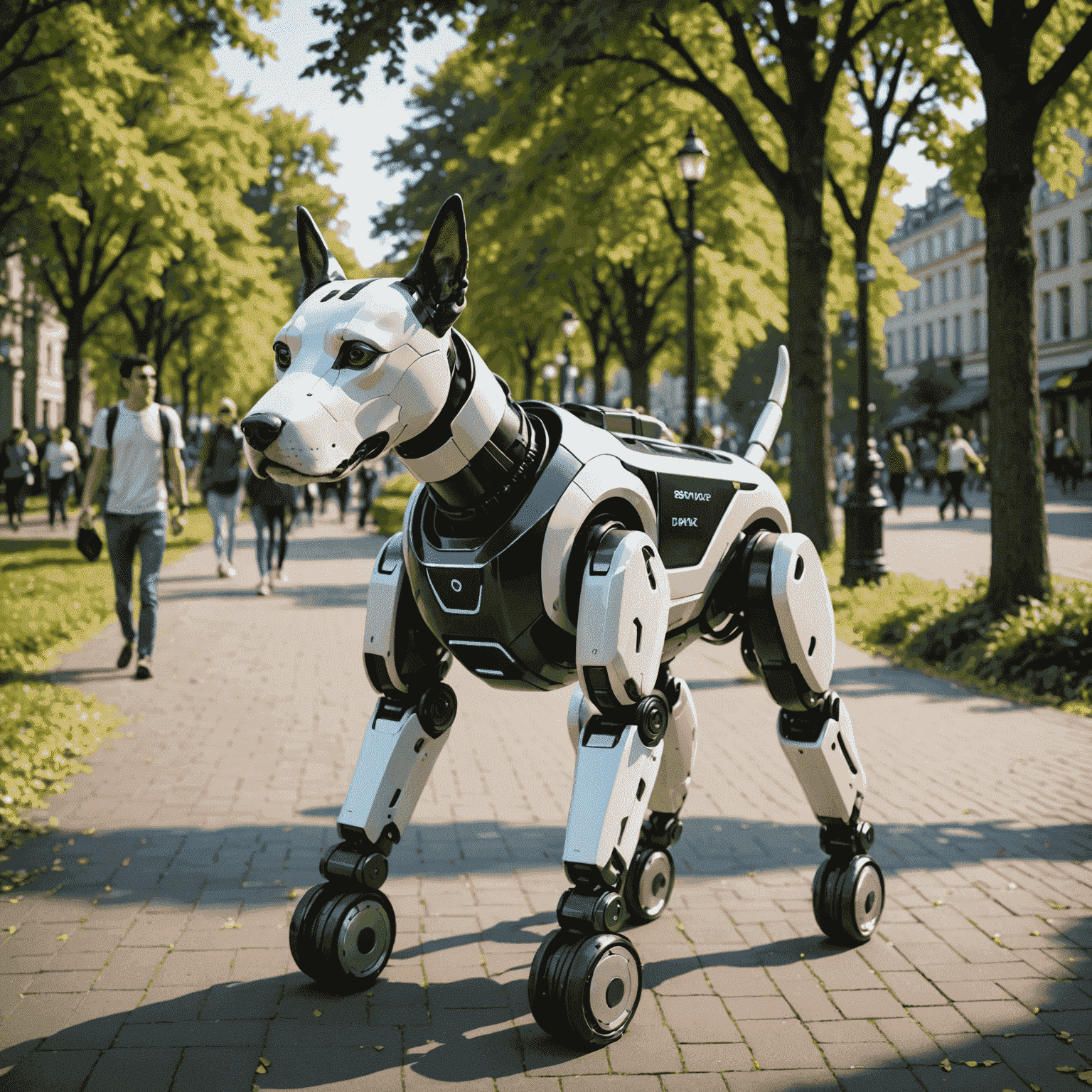 Unitree robot dog walking in a city park, surrounded by people going about their daily activities