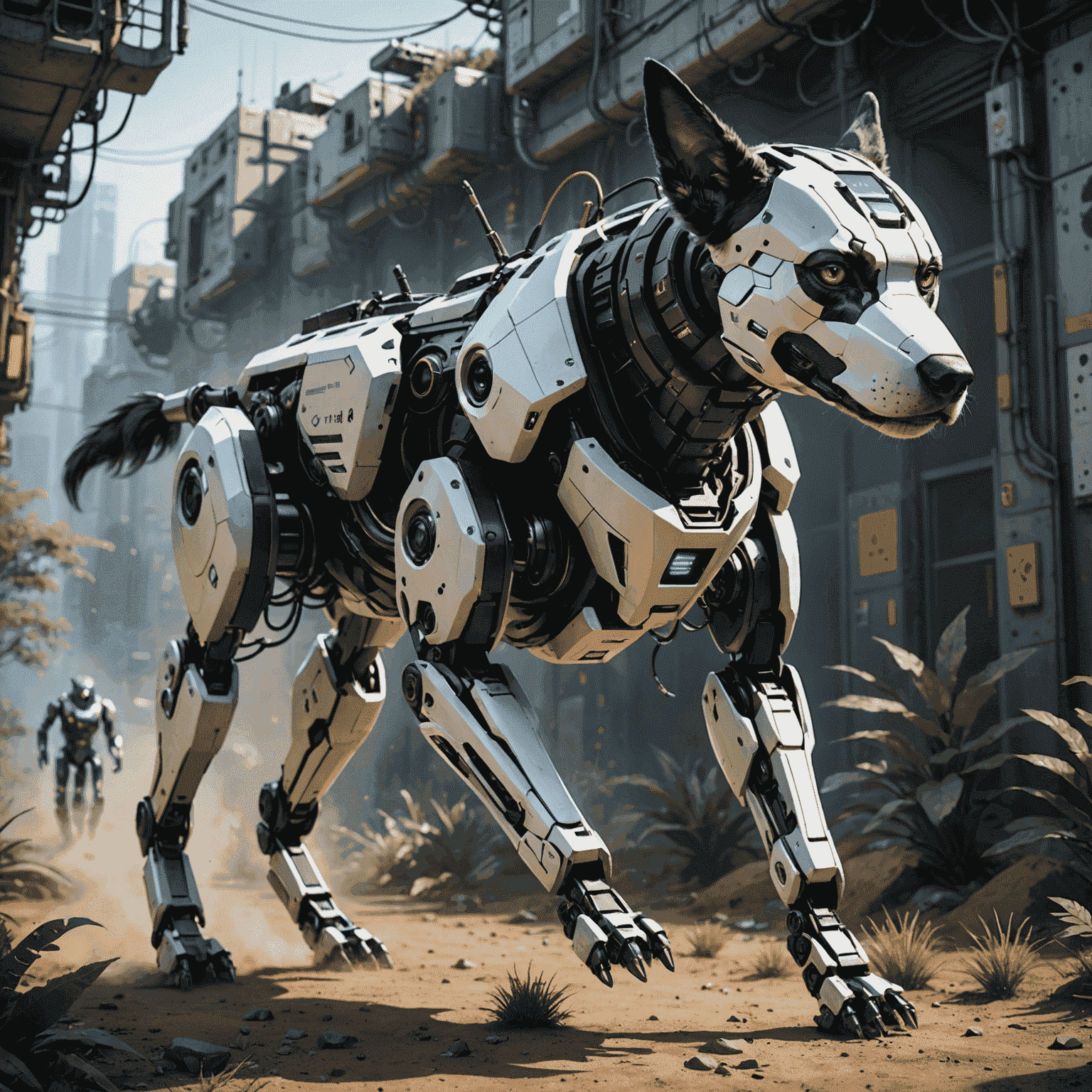 Futuristic concept art of advanced Unitree robot dogs in various environments, showcasing potential upcoming features and applications