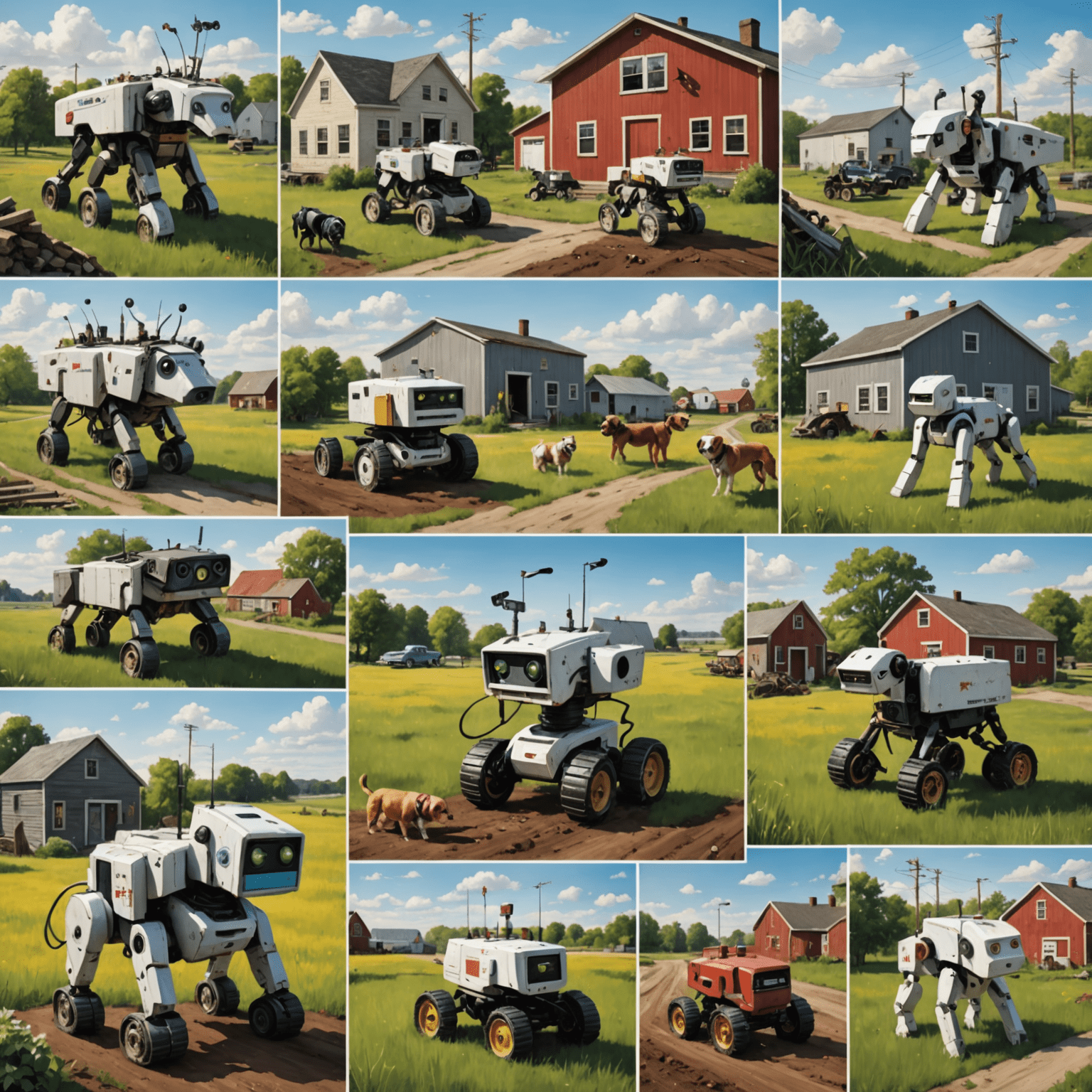 Collage showing Unitree robot dogs in various settings: home, factory, disaster area, farm, and classroom