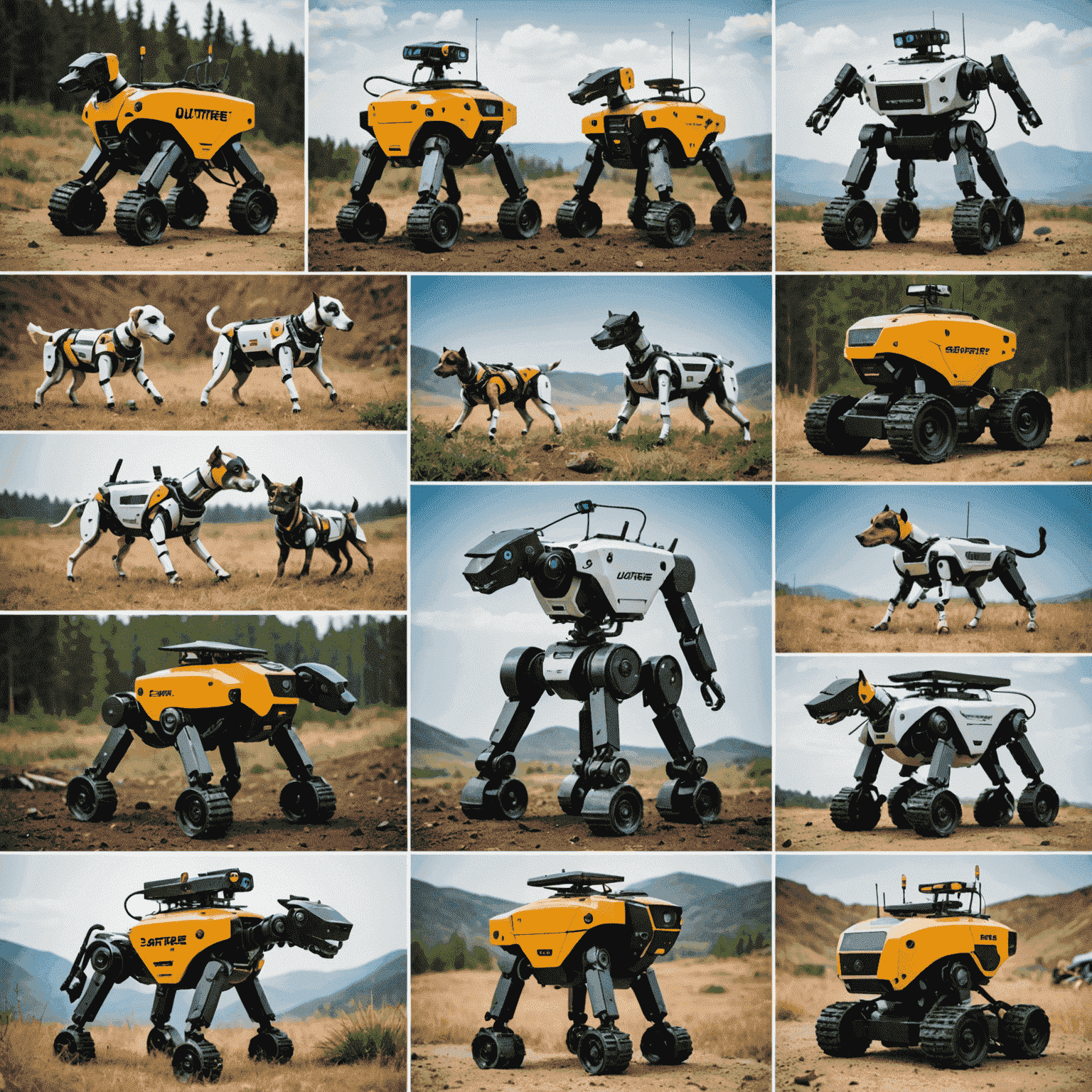 Collage of Unitree robot dogs performing specialized tasks in various industries such as search and rescue, agriculture, and industrial inspection