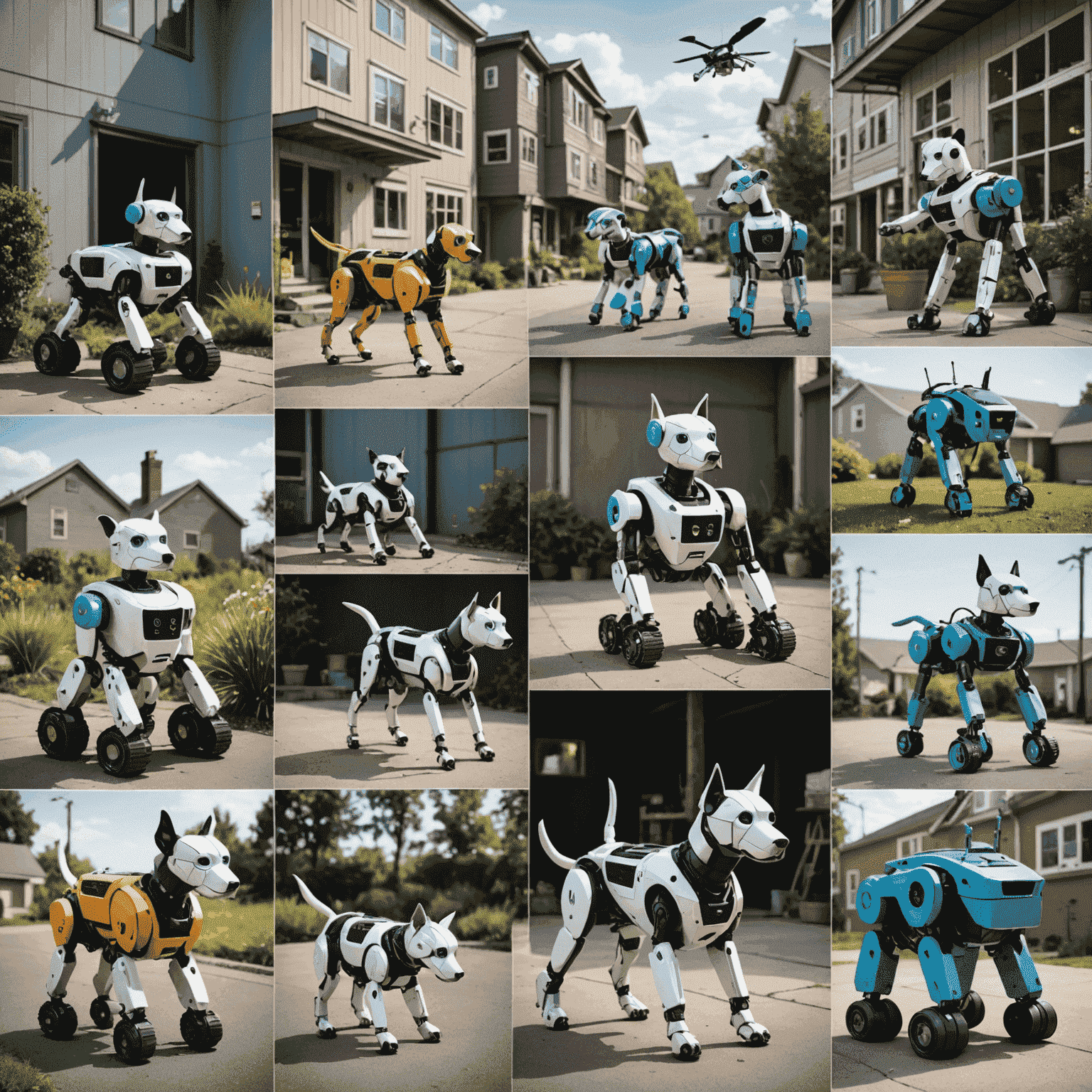 A collage of Unitree robot dogs performing various tasks in everyday scenarios, such as assisting in homes, working in factories, and exploring outdoor environments