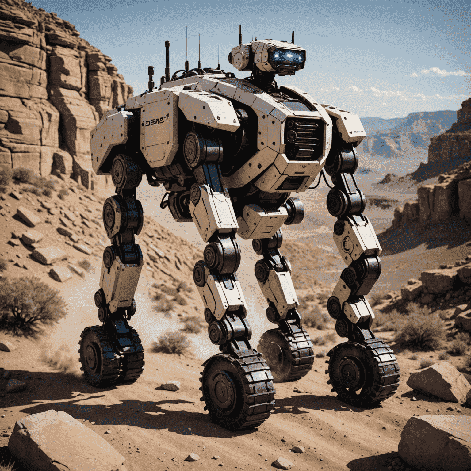 A modern dynamic quadruped robot navigating rough terrain, demonstrating its advanced stability and adaptability