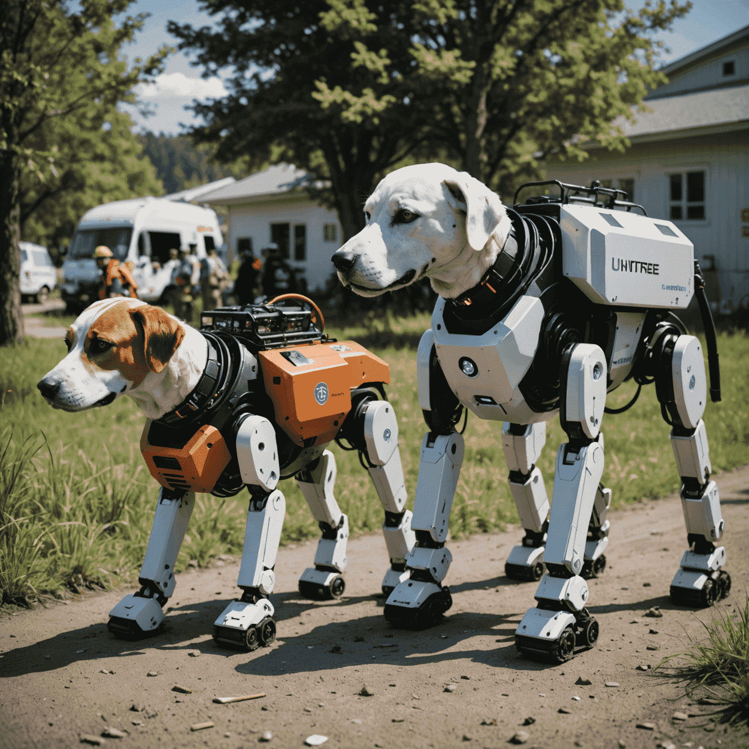 A group of Unitree Go1 robot dogs working together in a simulated disaster relief scenario, highlighting their potential for collaborative tasks