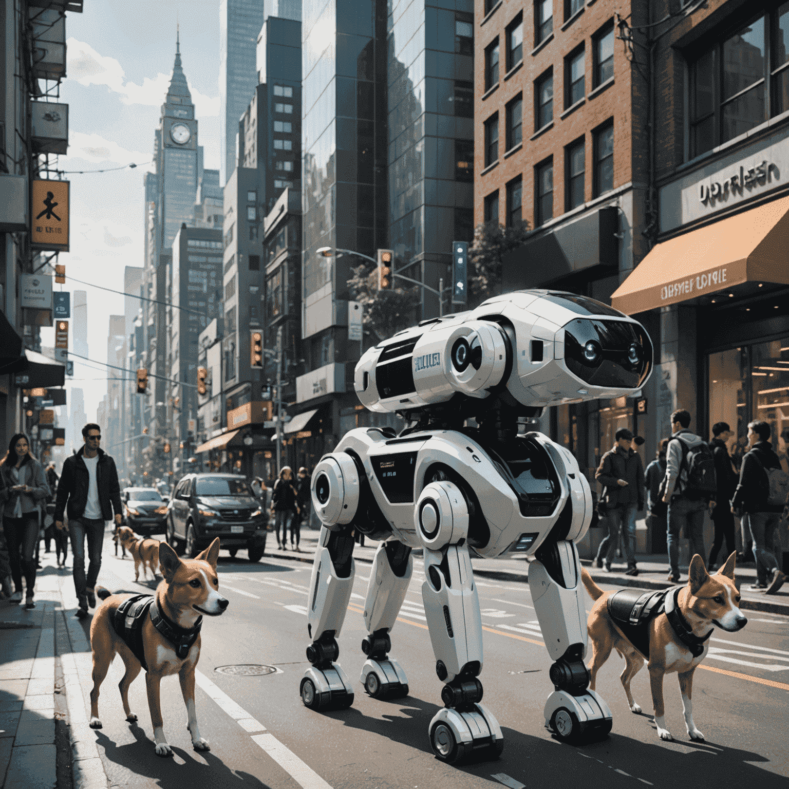 Futuristic cityscape with Unitree robot dogs seamlessly integrated into daily life, assisting humans in various tasks