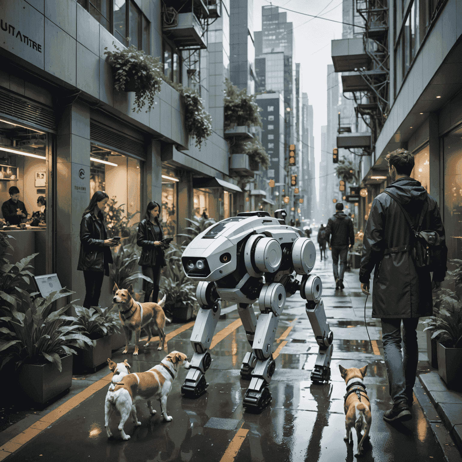 Visionary scene of Unitree robot dogs working alongside humans in futuristic urban and natural environments, symbolizing the company's impact on the future of robotics