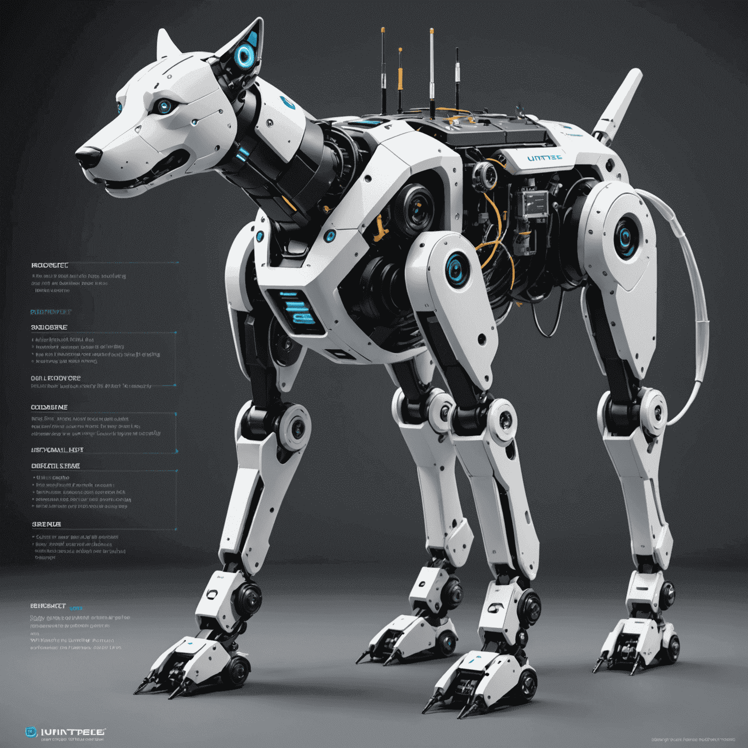 A technical diagram of a Unitree robot dog, highlighting its sensors, control systems, and mechanical components that contribute to its balance and agility