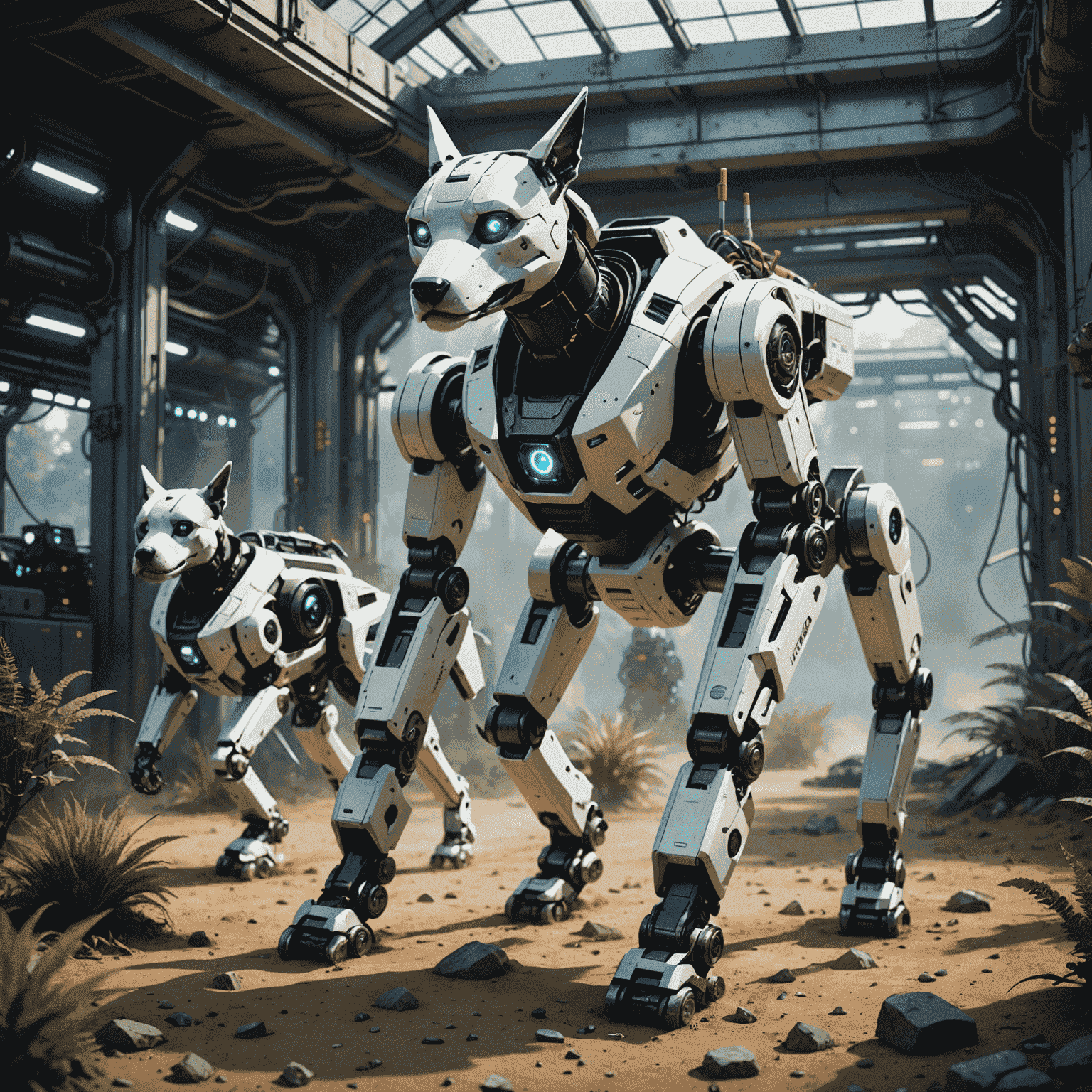 A futuristic scene depicting advanced Unitree robot dogs performing complex tasks in various environments, showcasing potential future capabilities